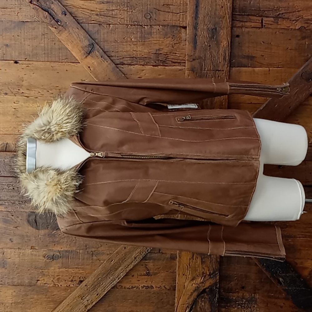 a.n.a. Distressed Brown Leather coat with Fur Trim new with tags